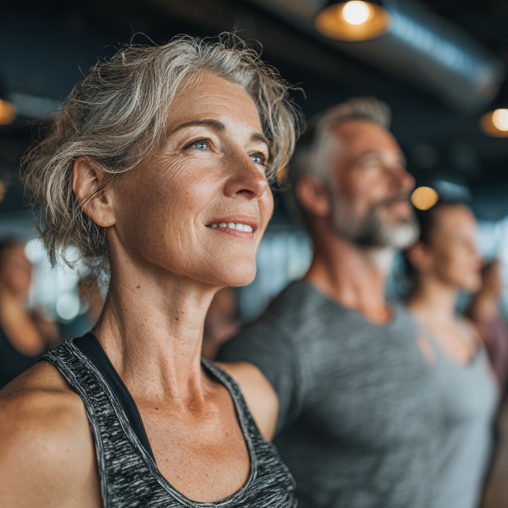 Group of middle-aged adults participating in fitness class with professional instructor in modern gym facility