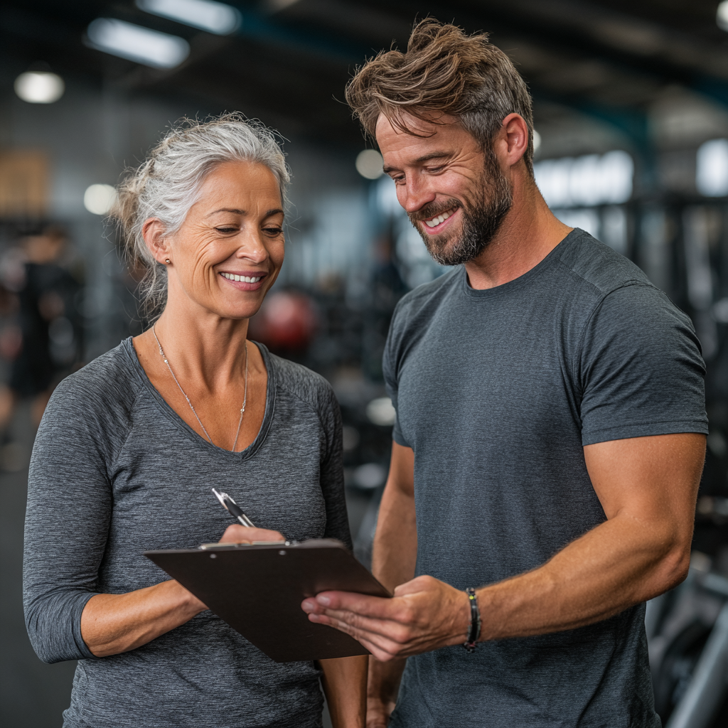 Mature woman consulting with professional fitness trainer in gym, discussing personalized workout plan