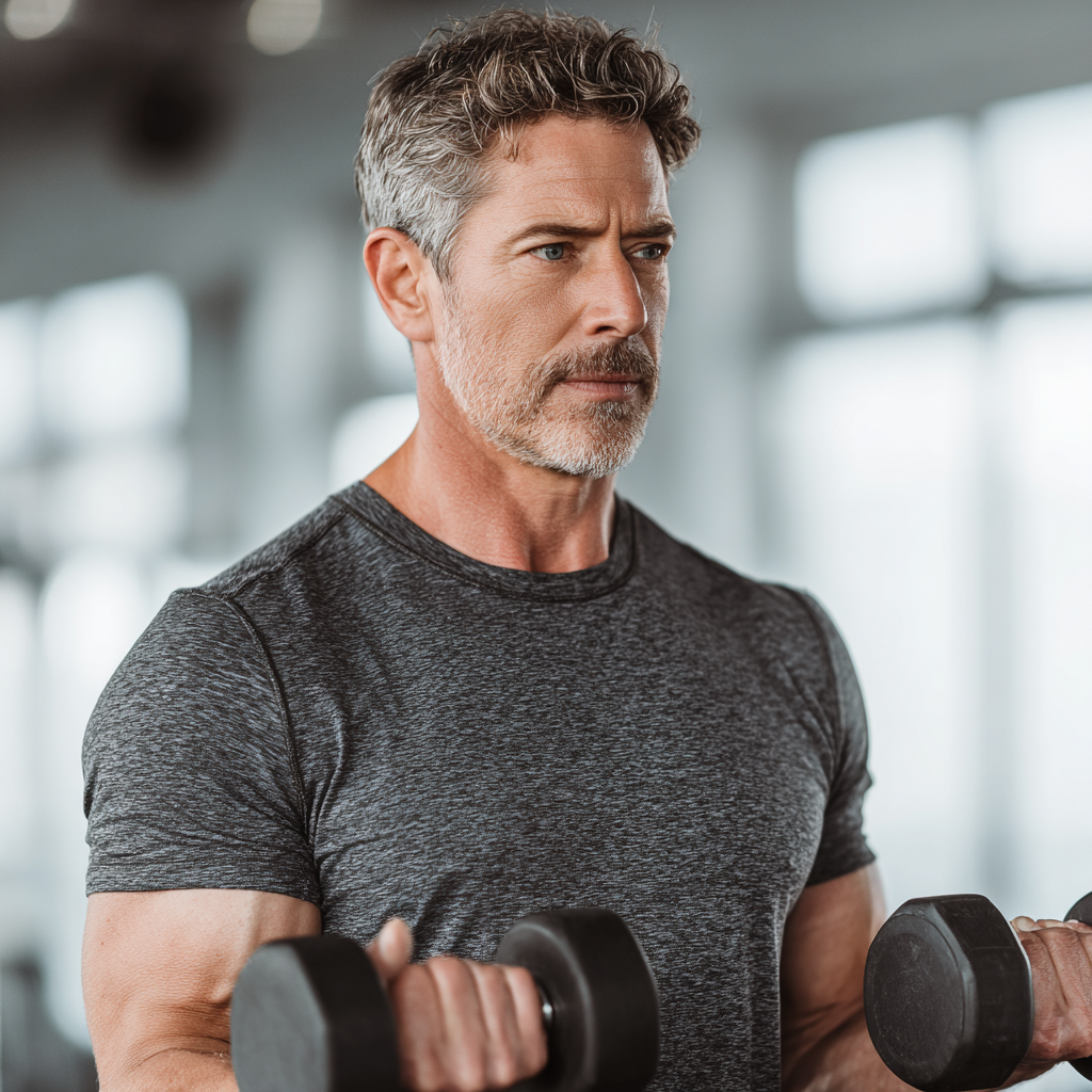 Middle-aged man in athletic wear performing strength training with dumbbells in modern gym setting